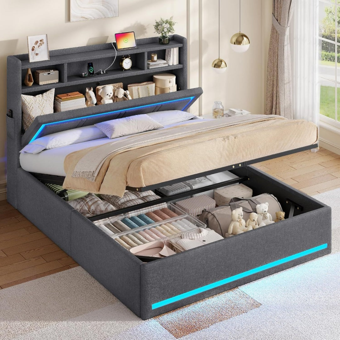 Cadre de lit Grise en tissu USB