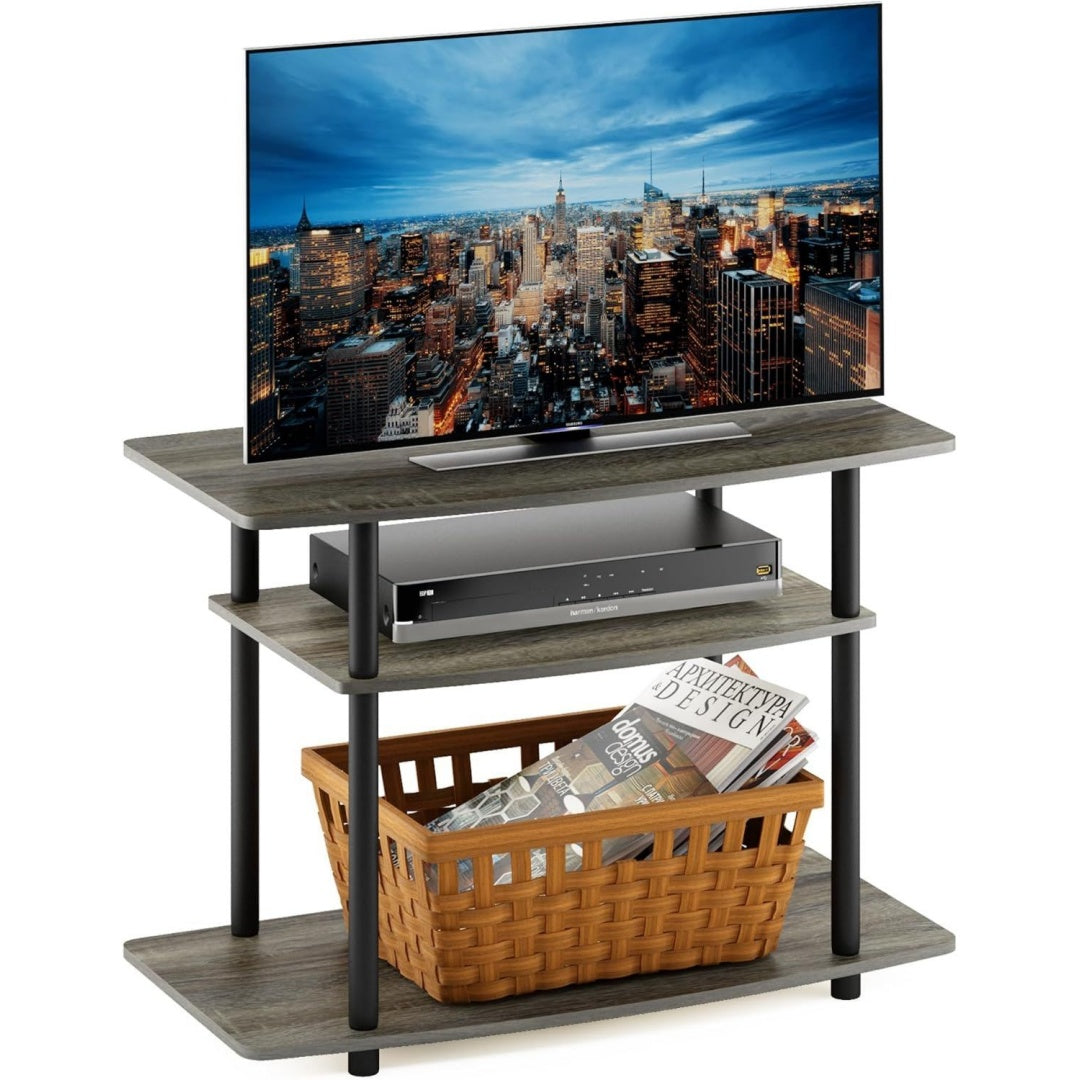 Astuce rangement pour cuisine, meuble TV gris fonce en bois