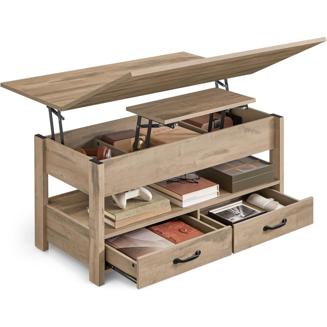 Table basse finition rustique marron 3 etageres, acier durable