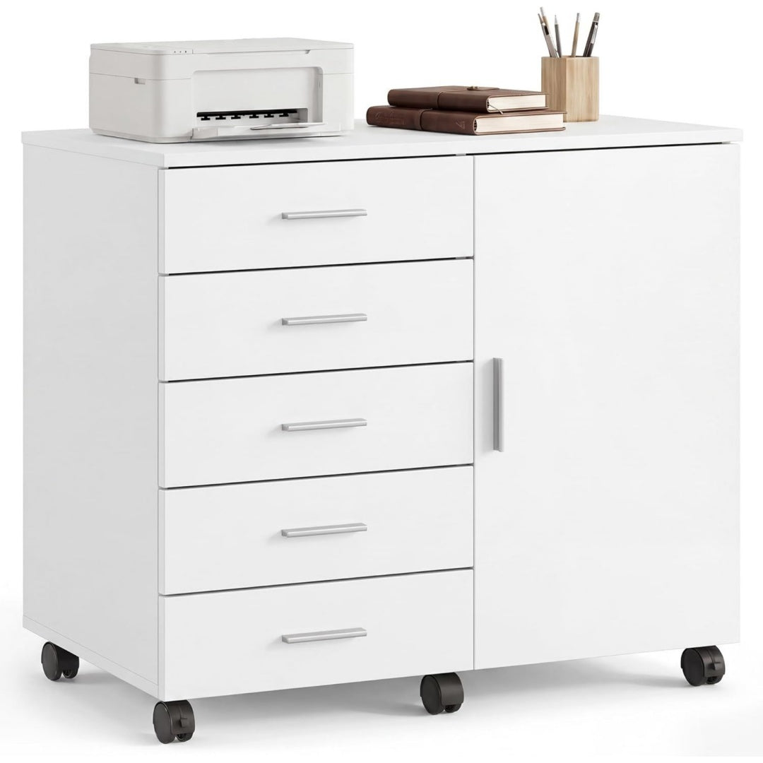 Classeur gris clair roulettes 80 cm, a 1 porte 5 tiroirs