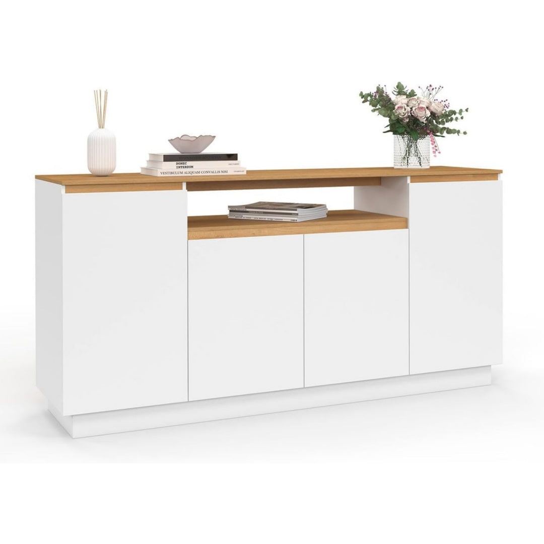 Buffet gris clair 3 etageres de rangement, bois ingenierie style contemporain