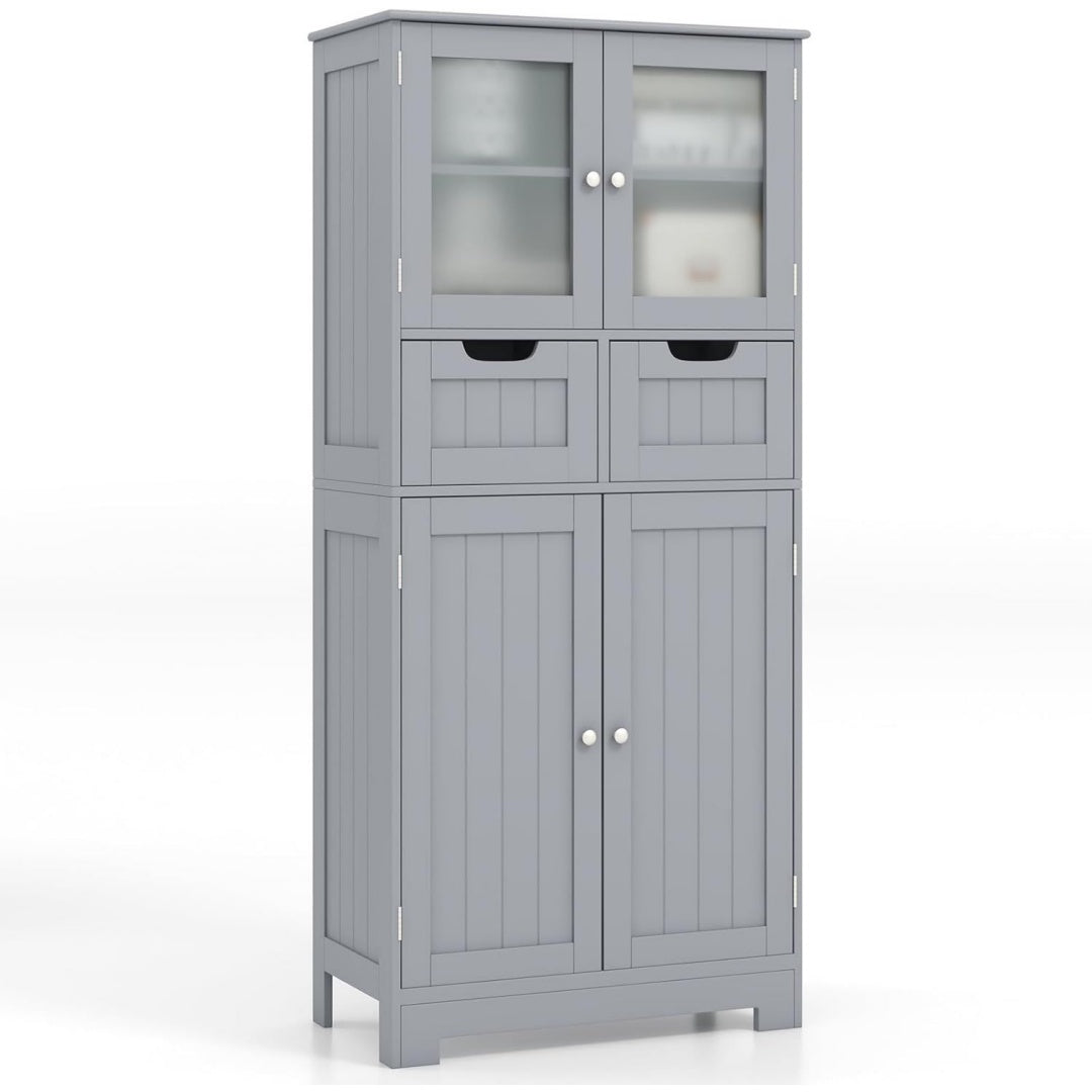 Meuble colonne gris, deux portes, etageres reglables