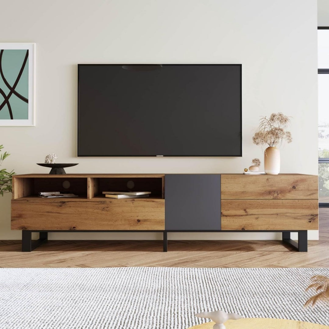 Meuble tele gris 4 etageres, style industriel MDF pour salon