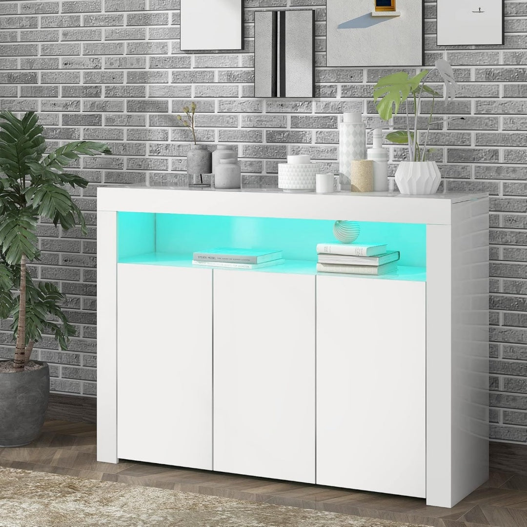 Buffet gris clair, installation murale, gain de place, rangement optimise