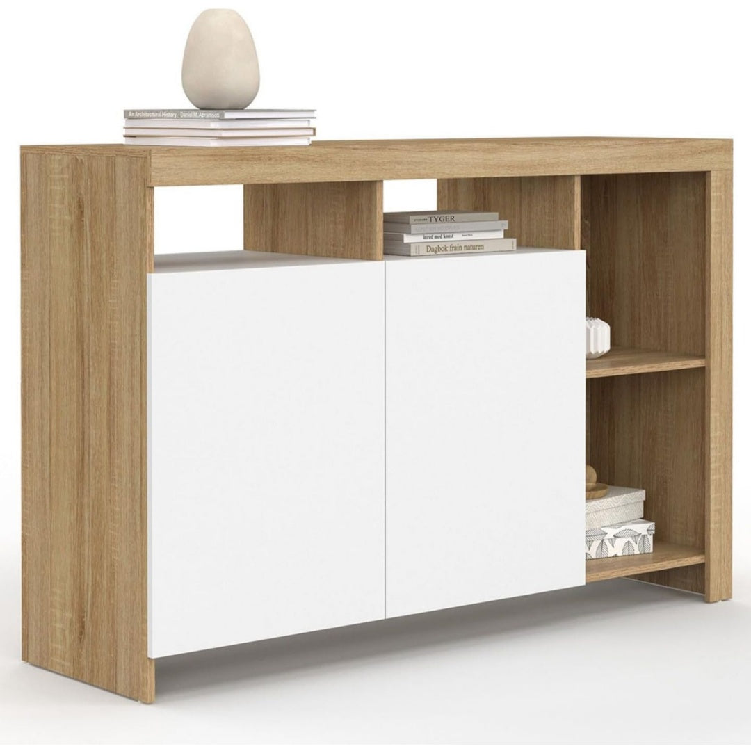 Enfilade beige 4 etageres de rangement, bois ingenierie style contemporain