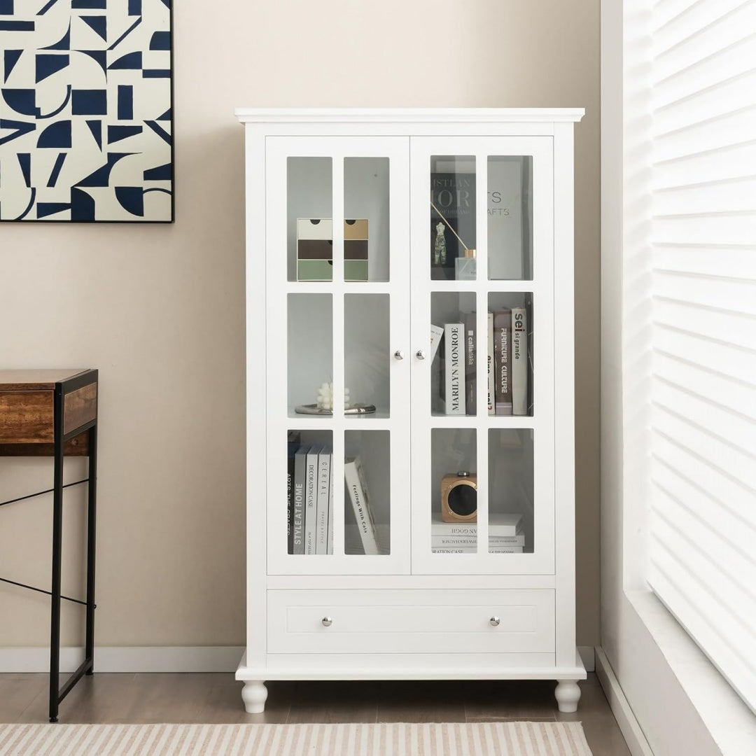 Armoire vitree gris clair a 2 portes 1 tiroir, design style industriel